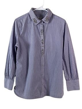 Chico’s Casual Striped Button Down Blouse with Rhinestone Embellishment Medium